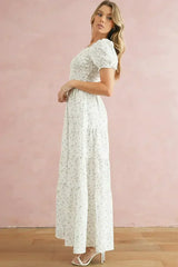 White Frill Neckline Shirred Bodice Floral Maxi Dress - Femstylo