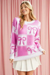 Pink Sweet Bow Two Tone Checkered Sweater - Femstylo