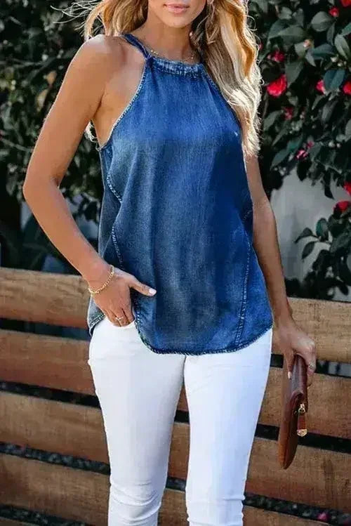Halter Neck Denim Tank Top - Femstylo