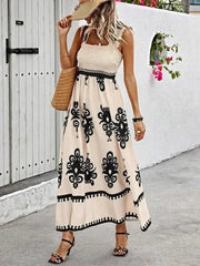 Black Boho Print Smocked Ruffle Sleeveless Maxi Dress - Femstylo
