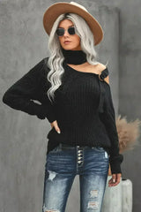 Winter Black Strapped Cut out Shoulder Turtleneck Sweater - Femstylo