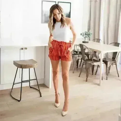 Multi-striped Tie-front High Paperbag Waist Woven Pull-on Shorts - Femstylo