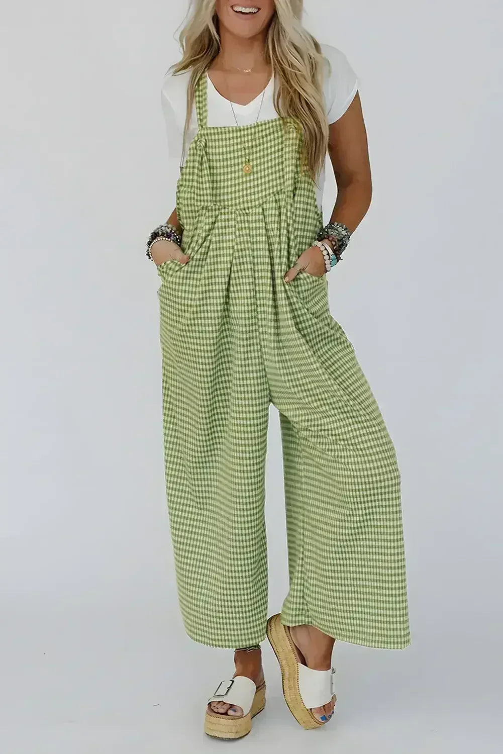 Green Gingham Wide Leg Pockets Loose Overall - Femstylo