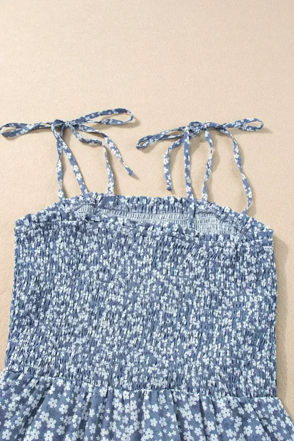 Dusk Blue Floral Print Spaghetti Straps Smocked Wide Leg Jumpsuit - Femstylo