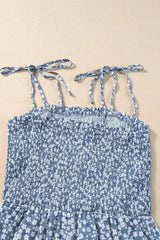 Dusk Blue Floral Print Spaghetti Straps Smocked Wide Leg Jumpsuit - Femstylo