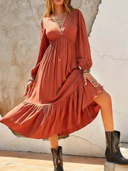 Ruched V-Neck Long Sleeve Midi Dress - Femstylo