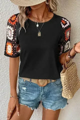 Geometric Round Neck Short Sleeve Blouse | Femstylo - Femstylo