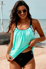 Sky Blue Tankini Swimsuit – Printed Lined Top w/ Adjustable Drawstring - Femstylo