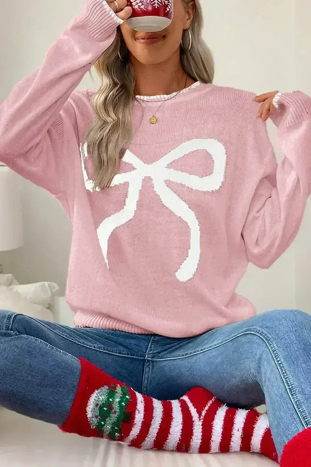 Pink Sweet Bow Drop Sleeve Round Neck Sweater - Femstylo