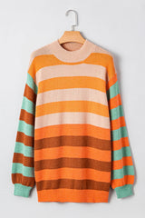 Orange Striped Colorblock High Neck Drop Shoulder Cozy Sweater