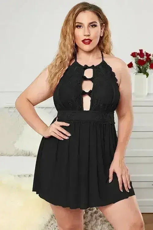 Halter Neck Lace Mesh Backless Plus Size Babydoll - Femstylo