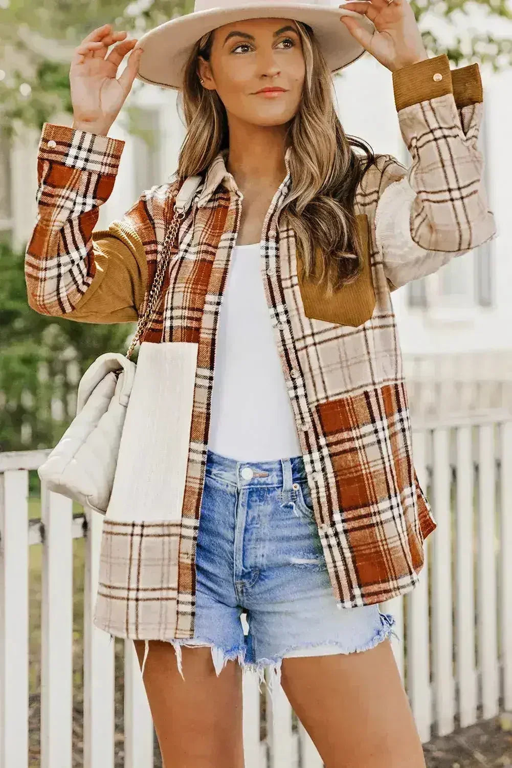 Plaid Color Block Patchwork Shirt Jacket with Pocket - Femstylo