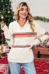 White Casual Striped Drop Sleeve Hooded Sweater