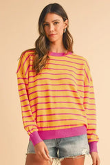 Pink Stripe Round Neck Drop Shoulder Loose Sweater - Femstylo