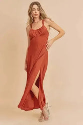 Aemi + Co Ruched Side Slit Cutout Back Maxi Cami Dress - Femstylo