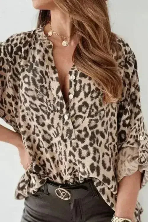Leopard Button Detail Notched Long Sleeve Blouse | Femstylo - Femstylo