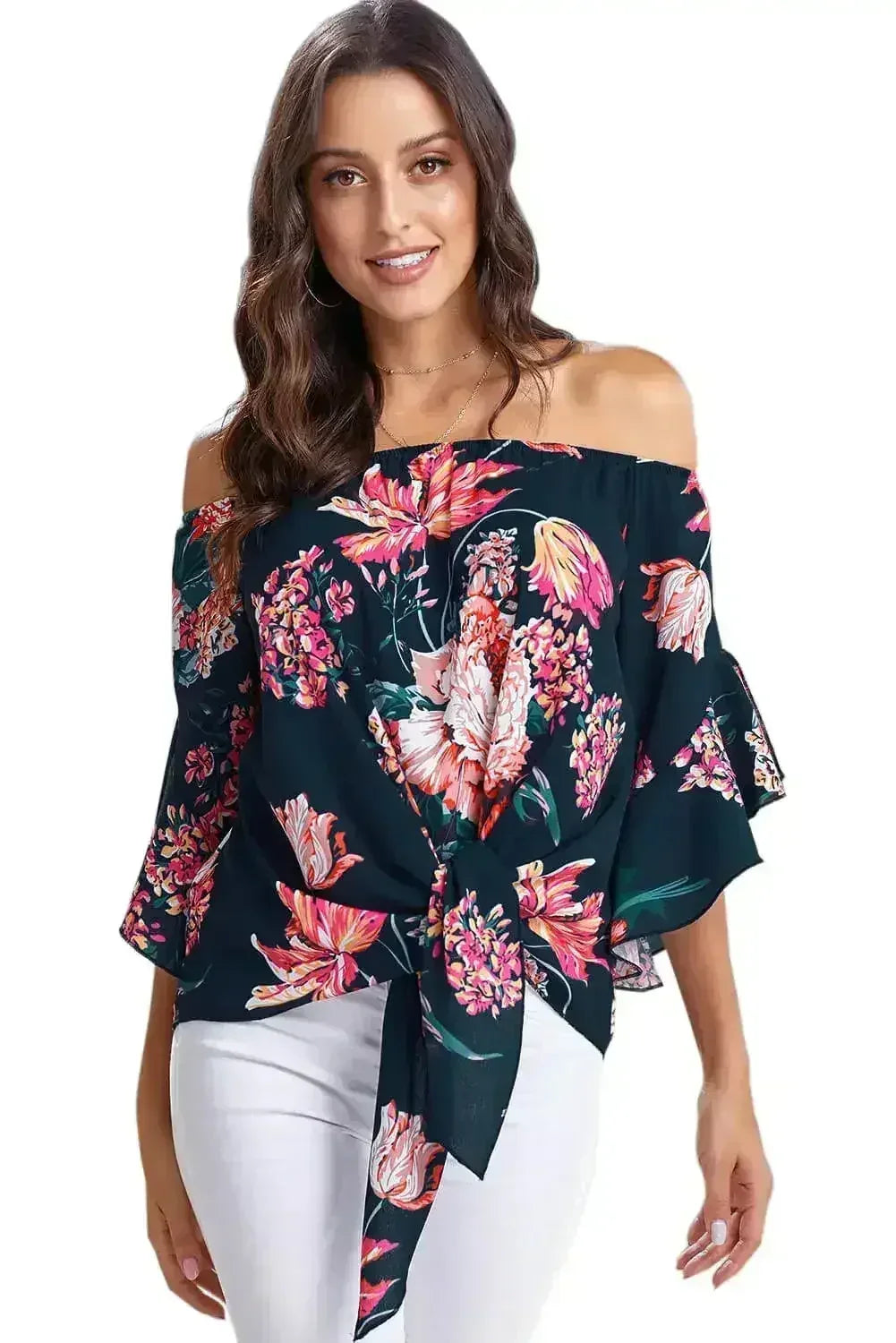 Navy Off Shoulder Floral Tie Front High Low Chiffon Blouse - Femstylo
