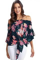 Navy Off Shoulder Floral Tie Front High Low Chiffon Blouse - Femstylo