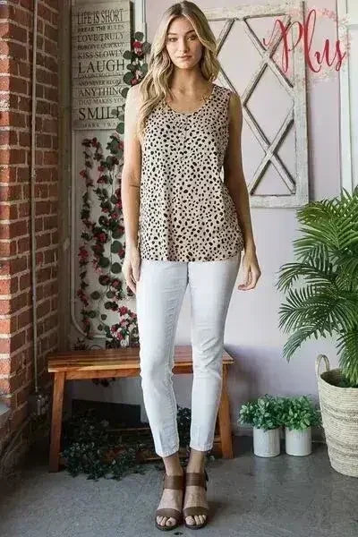 Heimish Full Size Front Button Animal Print Sleeveless Top Plus Size - Femstylo