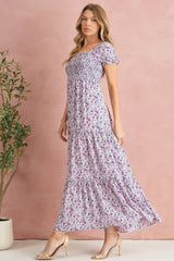 Purple Floral Short Bubble Sleeve Smocked High Waist Maxi Dress - Femstylo