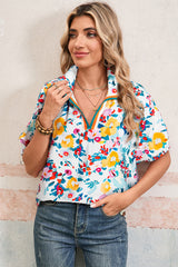 Peacock Blue Floral Print Boho Pop of Color Neckline Blouse