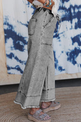 Gray Drawstring Seam Detail Raw Hem Wide Leg Jeans