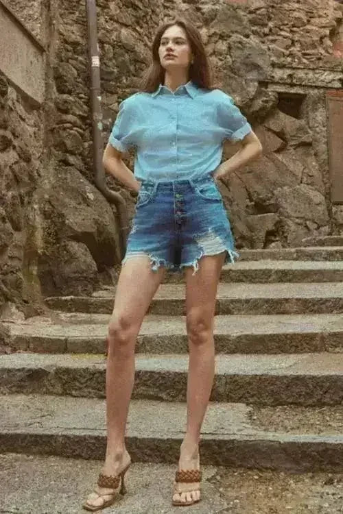 Kancan Distressed Button-Fly High Waist Denim Shorts - Femstylo