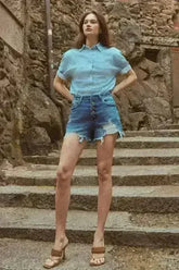 Kancan Distressed Button-Fly High Waist Denim Shorts - Femstylo