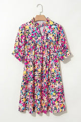 Pink Floral Puff Short Sleeve V Neck Mini Dress - Femstylo