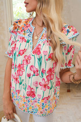 Pink Floral Print Striped Detail Split Neck Short Sleeve Blouse