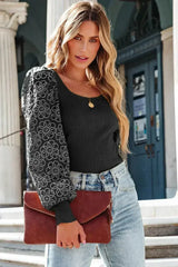 Black Flower Puff Sleeve Ribbed Knit Top - Femstylo