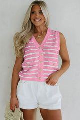 Sky Blue Striped V Neck Button Knit Vest