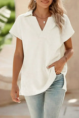 White Textured V Neck Collared Split Hem T Shirt - Femstylo