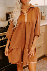 Desert Gold Quarter Zip Collar Bracelet Sleeve Textured Mini Dress