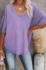 Blue Exposed Seam Drop Sleeve V Neck Waffle Textured Top - Femstylo
