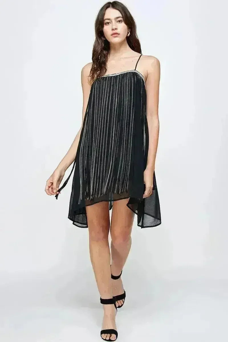 Chiffon A-Line Mini Dress with Metallic Fringe Detail - Femstylo