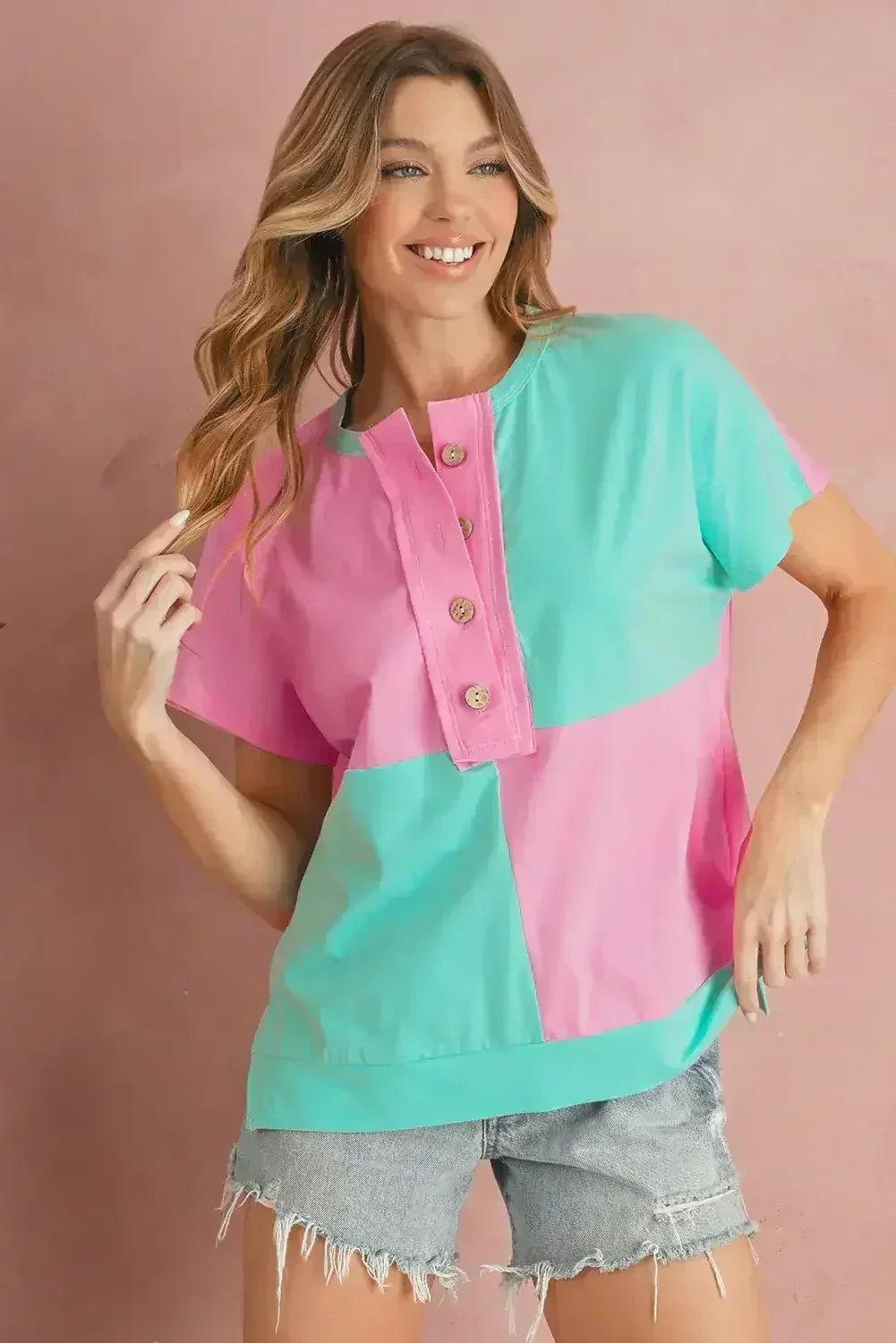 Mint Green Colorblock Half Buttons Henley T Shirt - Femstylo