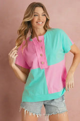 Mint Green Colorblock Half Buttons Henley T Shirt - Femstylo