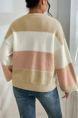 Dusty Pink Color Block Lantern Sleeve Drop Shoulder Sweater - Femstylo