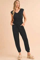 Black Shirred High Waist V Neck Sleeveless Jumpsuit - Femstylo