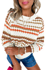 Brown Striped Eyelet Pattern Drop Shoulder Sweater - Femstylo