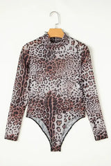 Brown Allover Leopard Print Smocked Neck Mesh Bodysuit - Femstylo