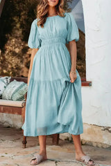 Light Blue Puff Sleeve High Waist Flowy Midi Dress - Femstylo