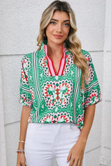 Sea Green Boho Geometric Print Color Neckline Blouse | Femstylo - Femstylo