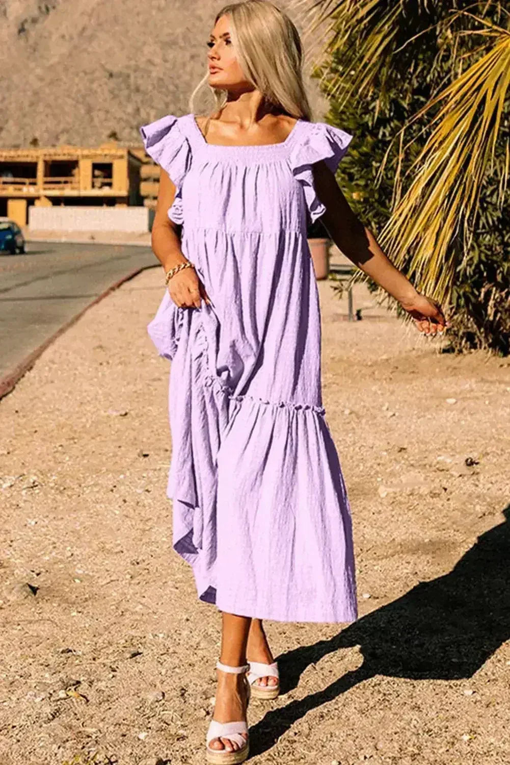 Purple Ruffled Flutter Sleeve Square Neck Textured Tiered Maxi Dress - Femstylo