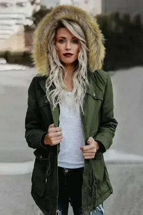 Zipper Snaps Pocket Plush Hooded Parka Jacket - Femstylo