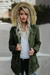 Zipper Snaps Pocket Plush Hooded Parka Jacket - Femstylo
