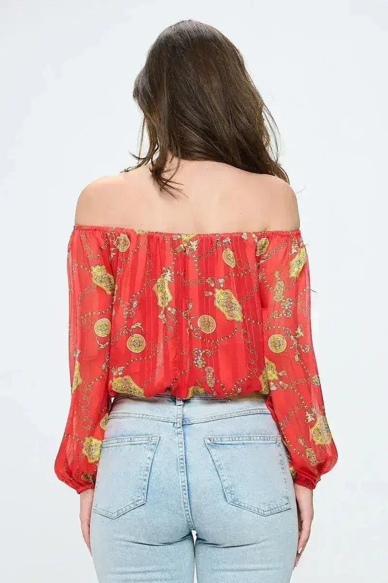 Off-Shoulder Chain Print Crop Top - Red & Black Chiffon Blouse - Femstylo
