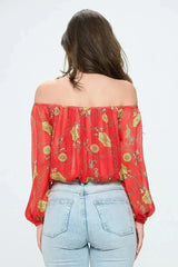 Off-Shoulder Chain Print Crop Top - Red & Black Chiffon Blouse - Femstylo