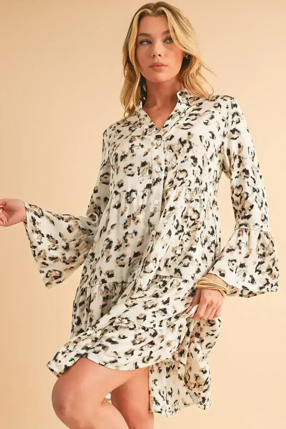 Black Leopard Button V Neck Flowy Mini Dress - Femstylo